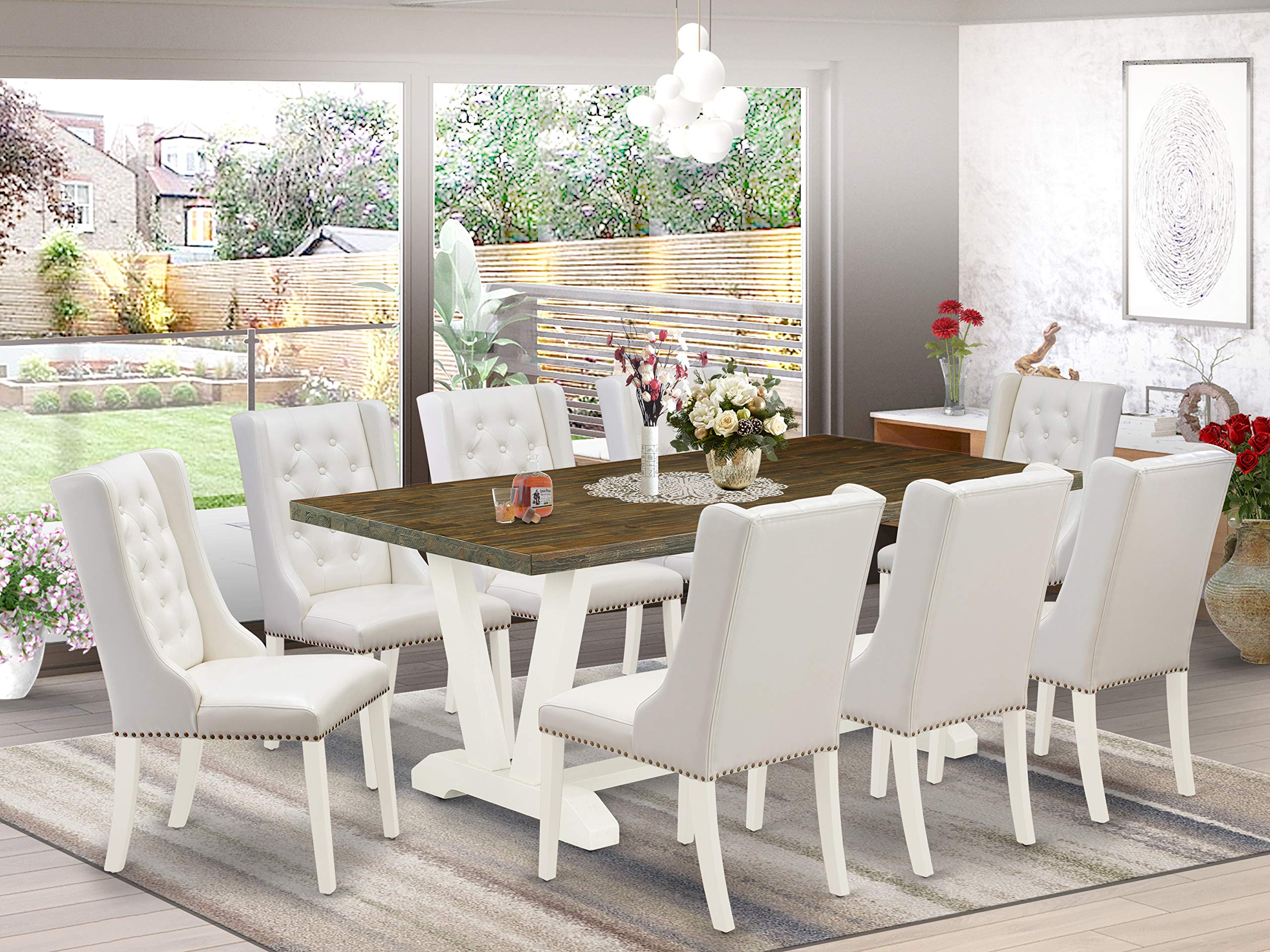 East West Furniture V077FO244-9 9 Piece Dining Room Furniture Set Includes a Rectangle Dining Table with V-Legs and 8 Light Grey Faux Leather Upholstered Chairs, 40x72 Inch, Multi-Color